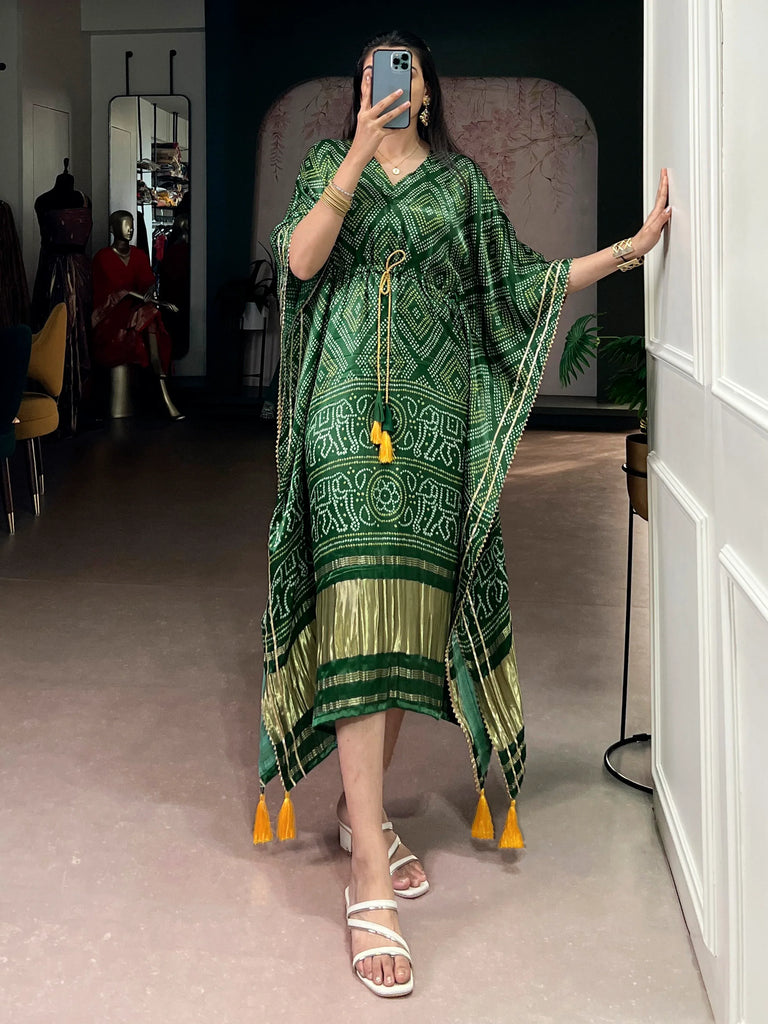 Stunning Green Bandhani Printed Silk Mehendi Wear Kaftan