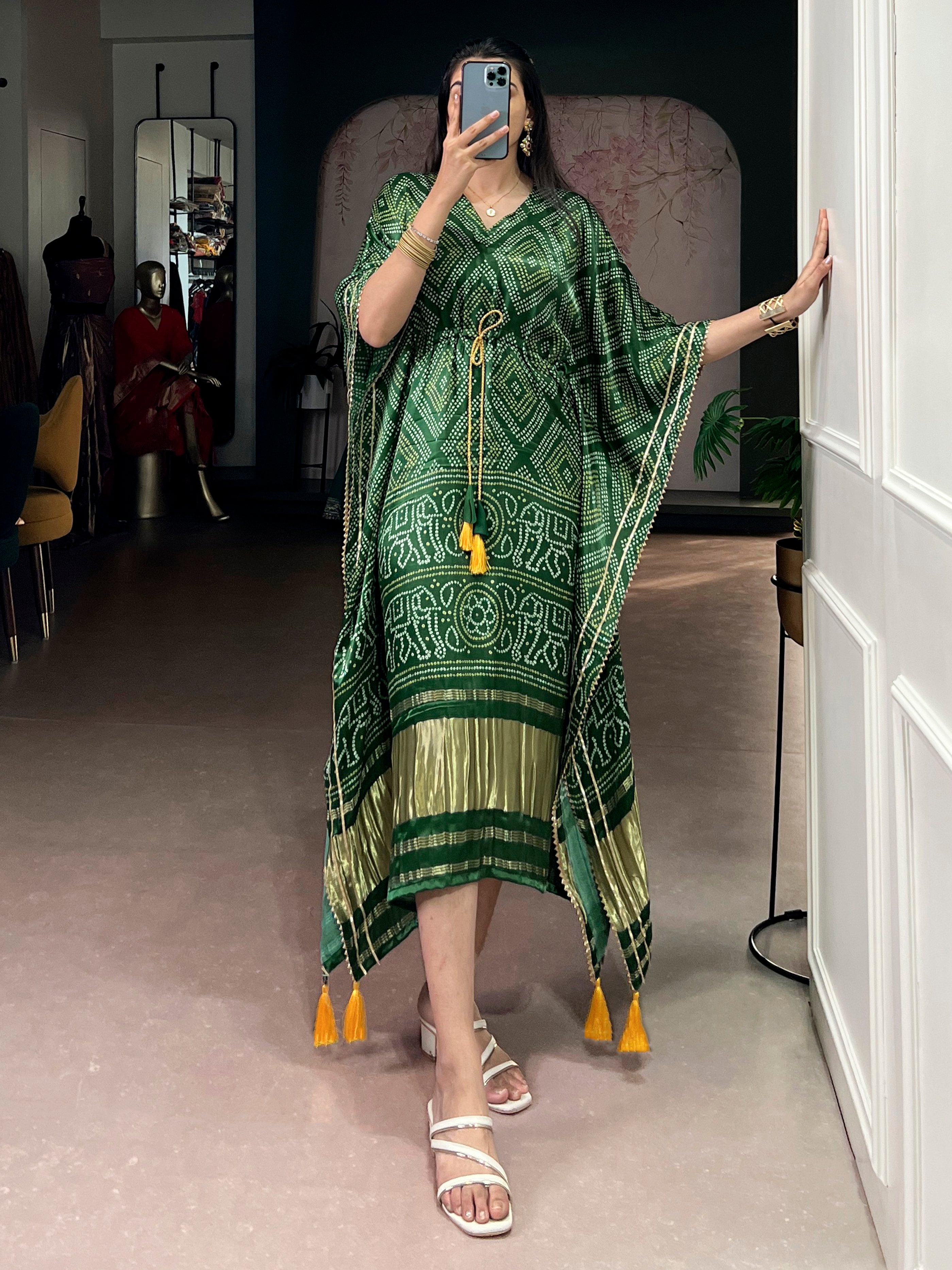 Stunning Green Bandhani Printed Silk Mehendi Wear Kaftan