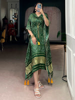 Stunning Green Bandhani Printed Silk Mehendi Wear Kaftan