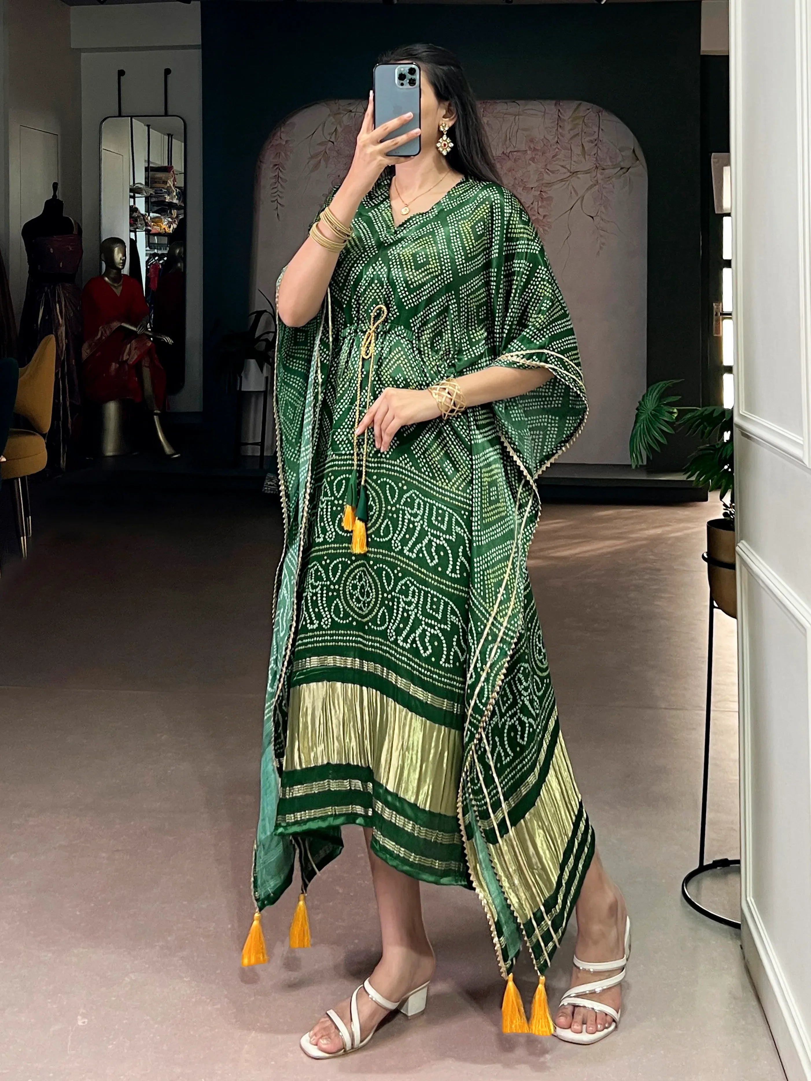Stunning Green Bandhani Printed Silk Mehendi Wear Kaftan