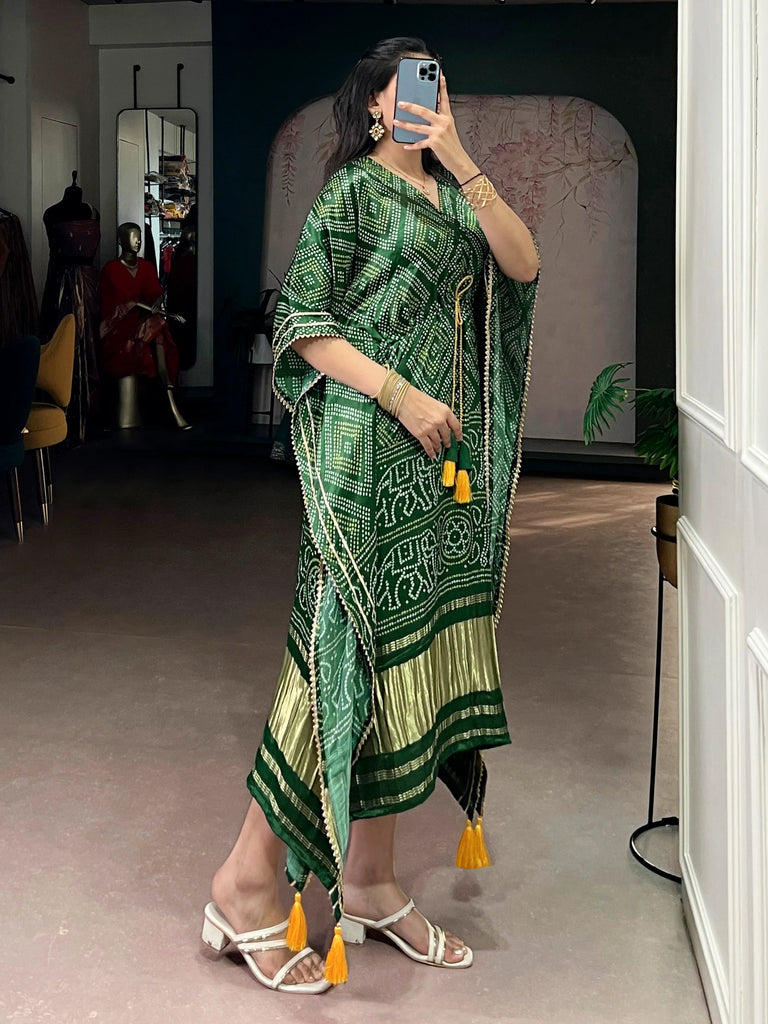 Stunning Green Bandhani Printed Silk Mehendi Wear Kaftan