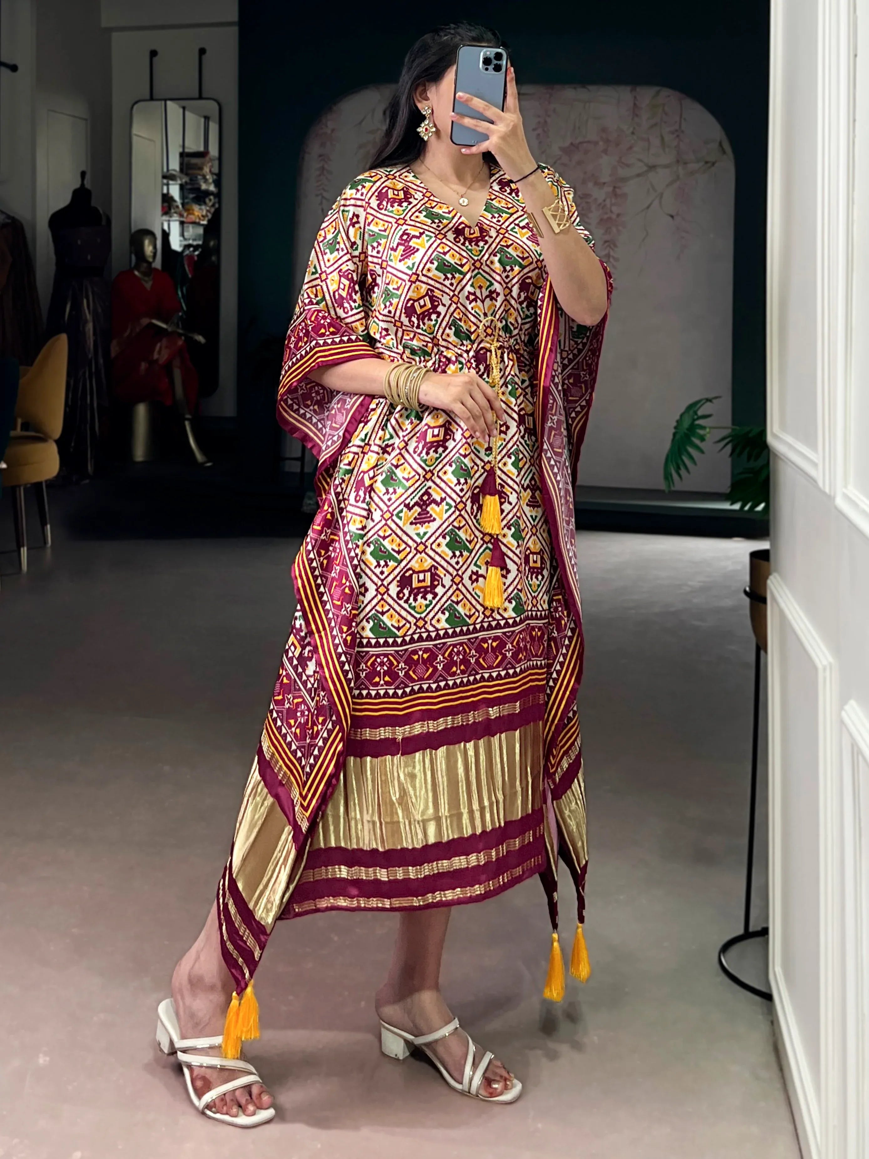 Glowing Maroon Digital Printed Silk Marriage Wear Kaftan