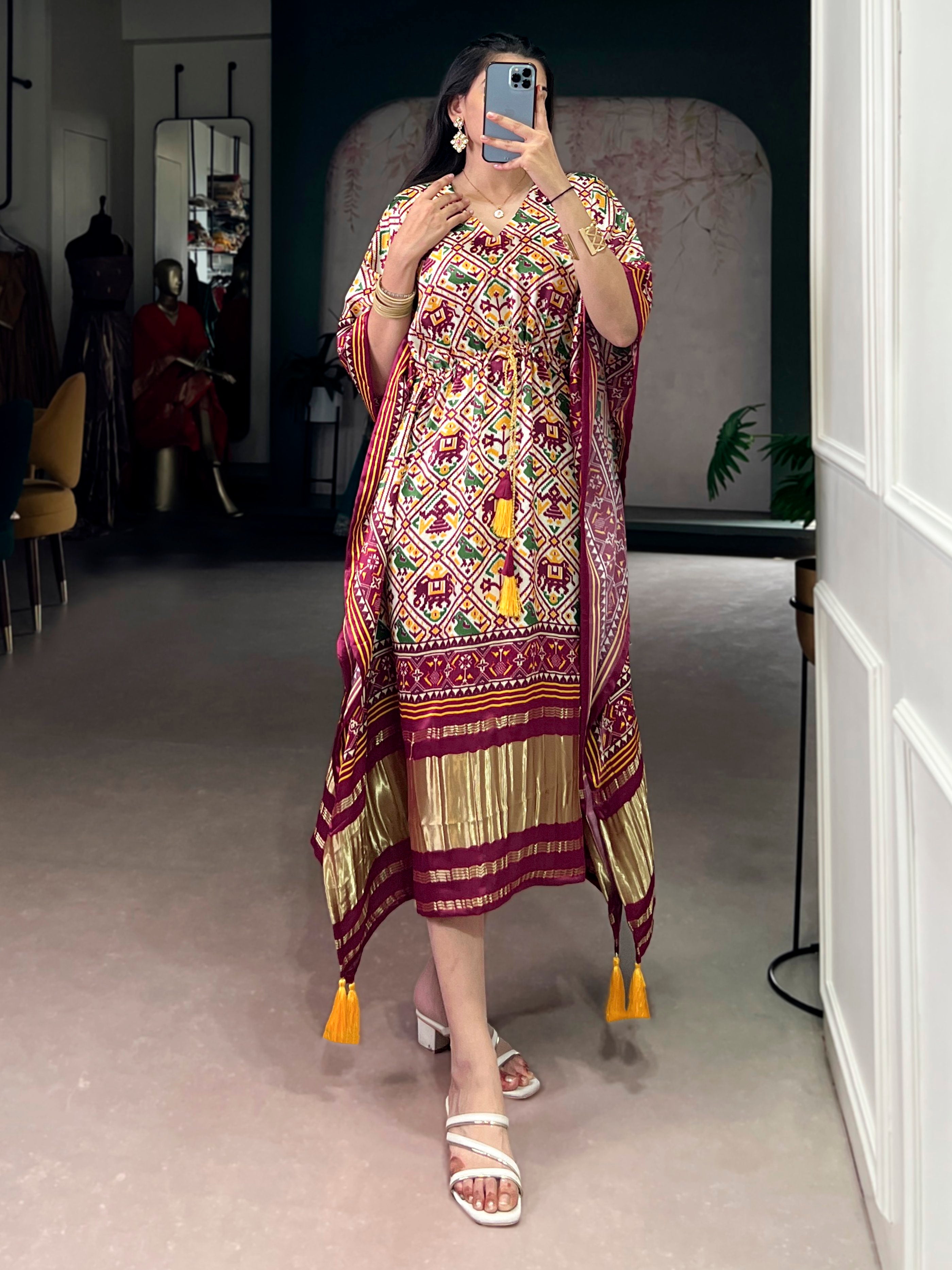 Glowing Maroon Digital Printed Silk Marriage Wear Kaftan