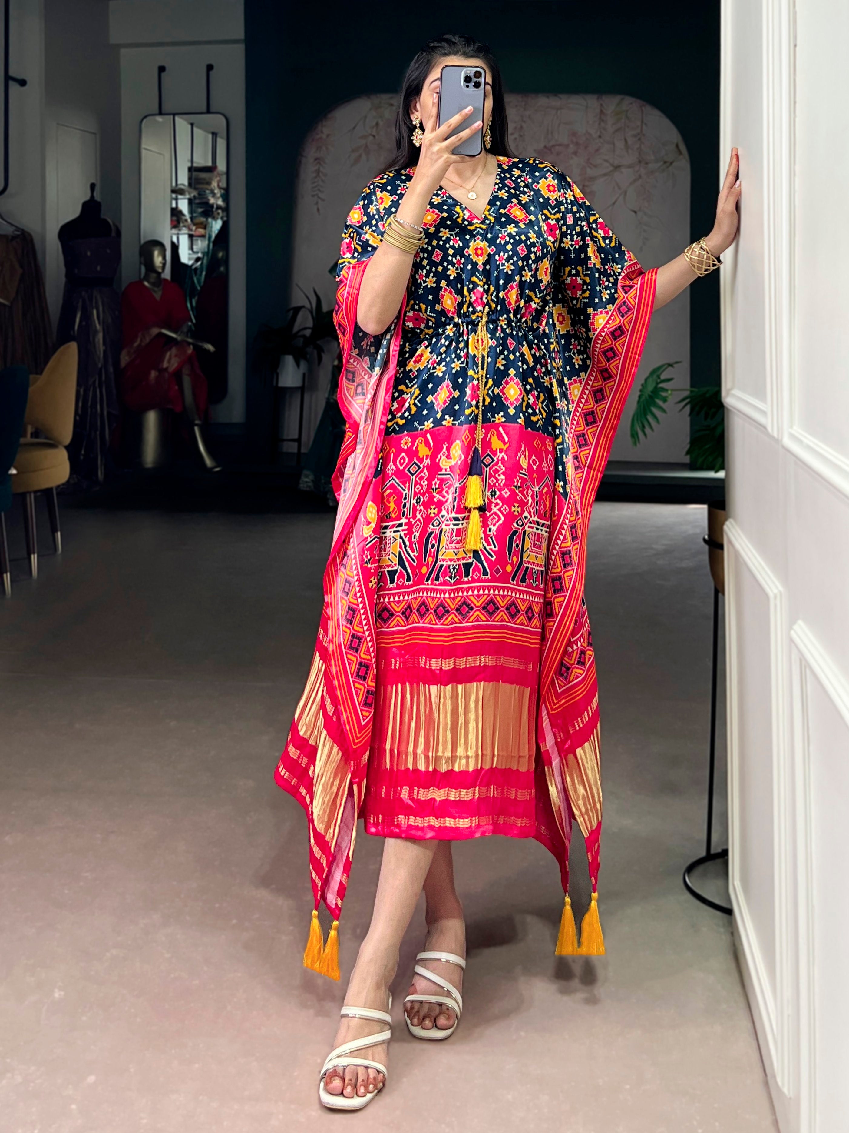 Precious Multi Color Patola Printed Silk Wedding Wear Kaftan
