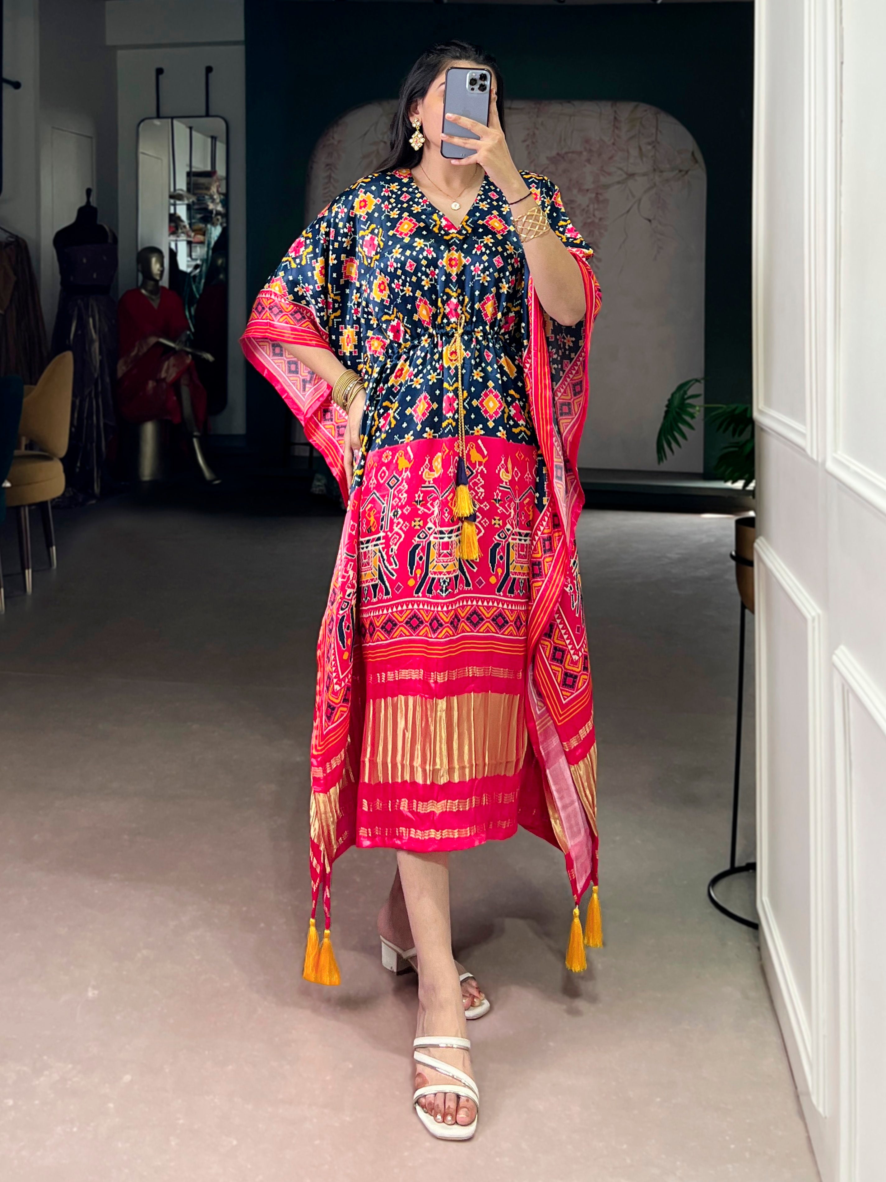 Precious Multi Color Patola Printed Silk Wedding Wear Kaftan