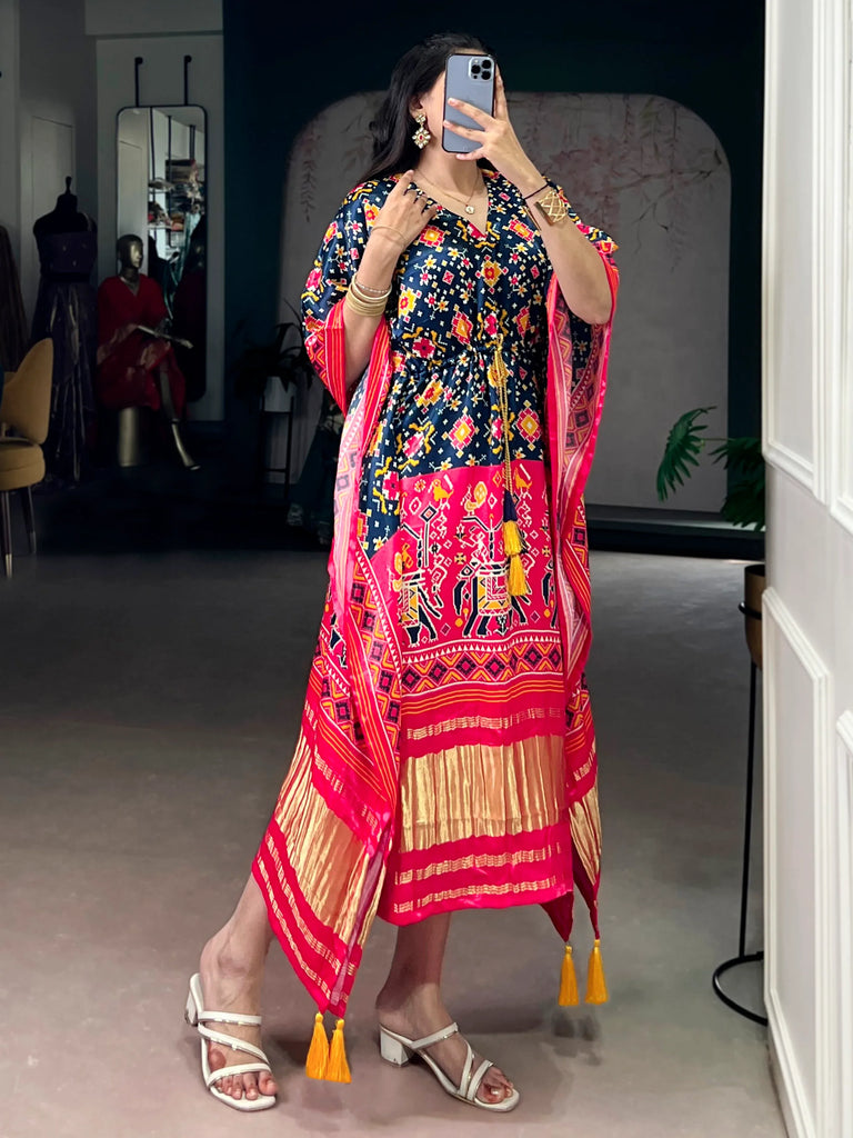 Precious Multi Color Patola Printed Silk Wedding Wear Kaftan