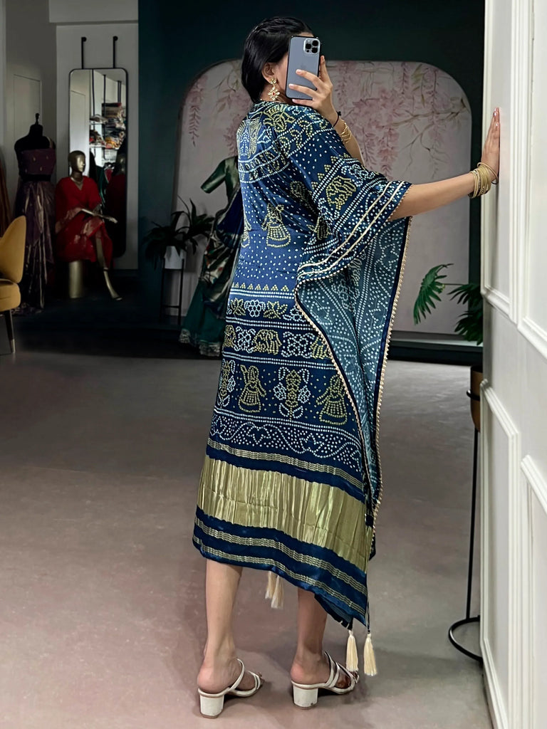 Gorgeous Navy Blue Bandhani Printed Silk Event Wear Kaftan