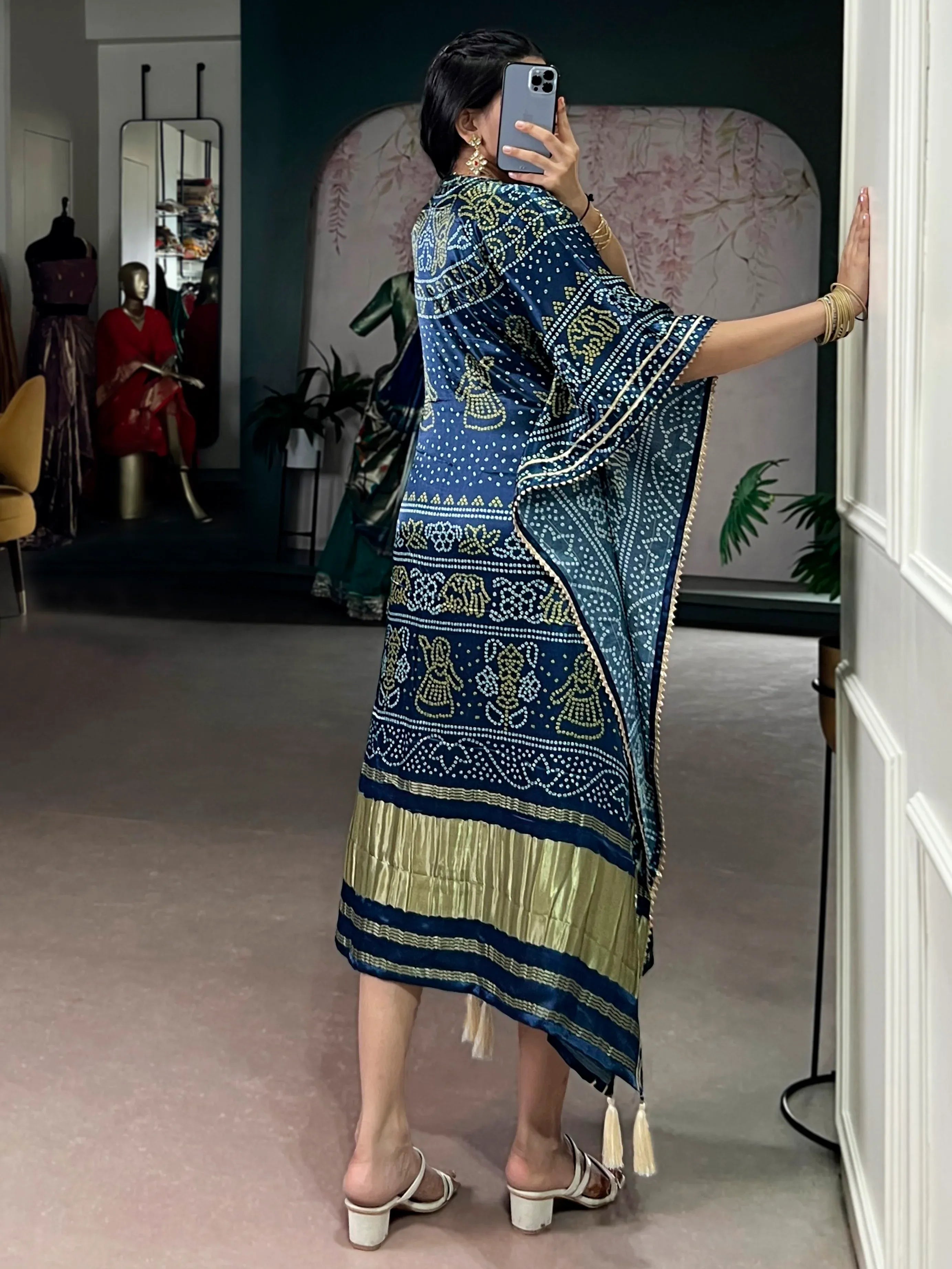 Gorgeous Navy Blue Bandhani Printed Silk Event Wear Kaftan
