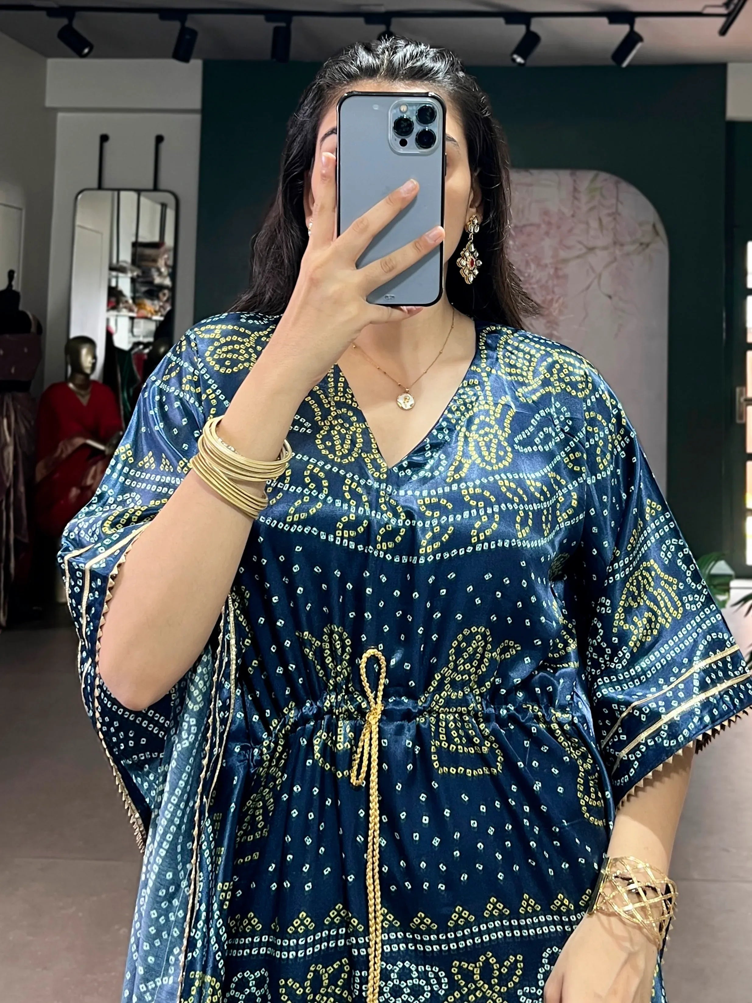 Gorgeous Navy Blue Bandhani Printed Silk Event Wear Kaftan