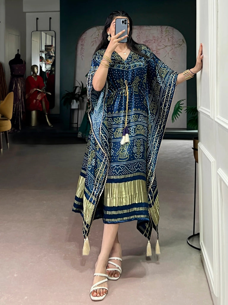 Gorgeous Navy Blue Bandhani Printed Silk Event Wear Kaftan