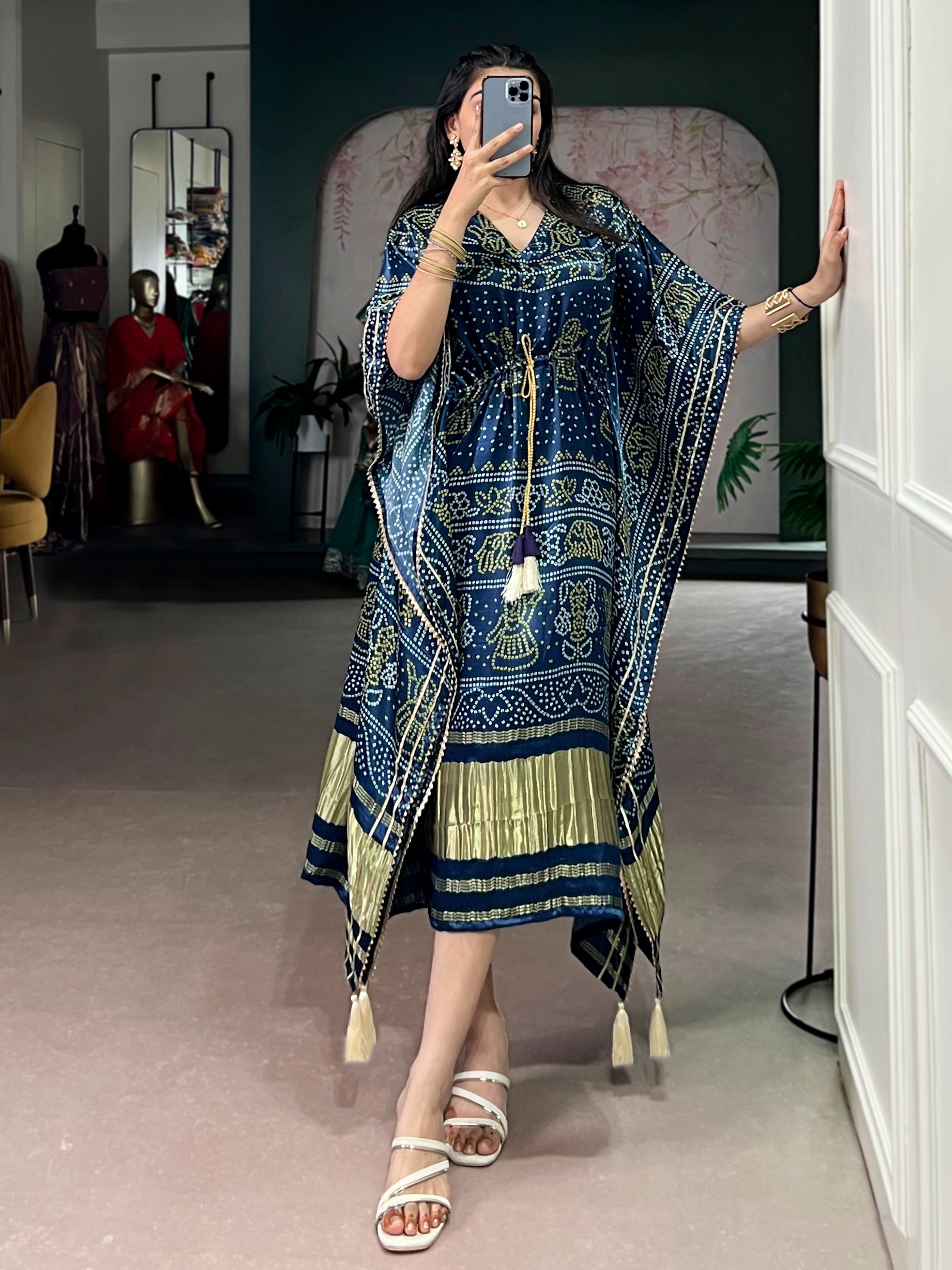 Gorgeous Navy Blue Bandhani Printed Silk Event Wear Kaftan