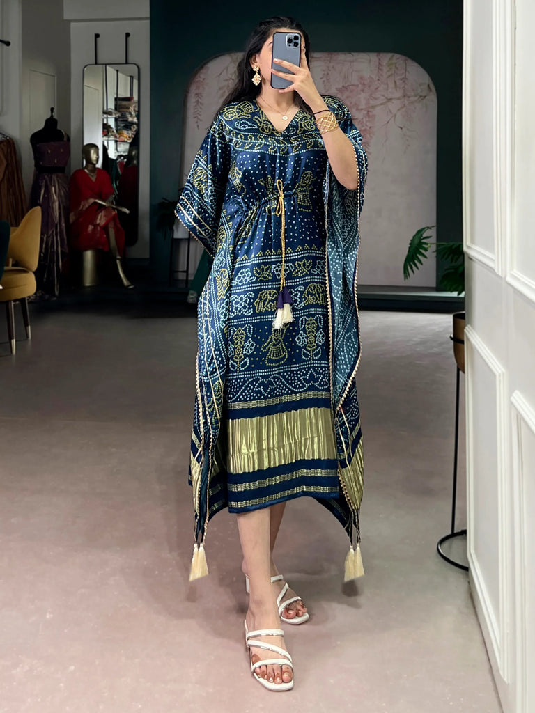 Gorgeous Navy Blue Bandhani Printed Silk Event Wear Kaftan