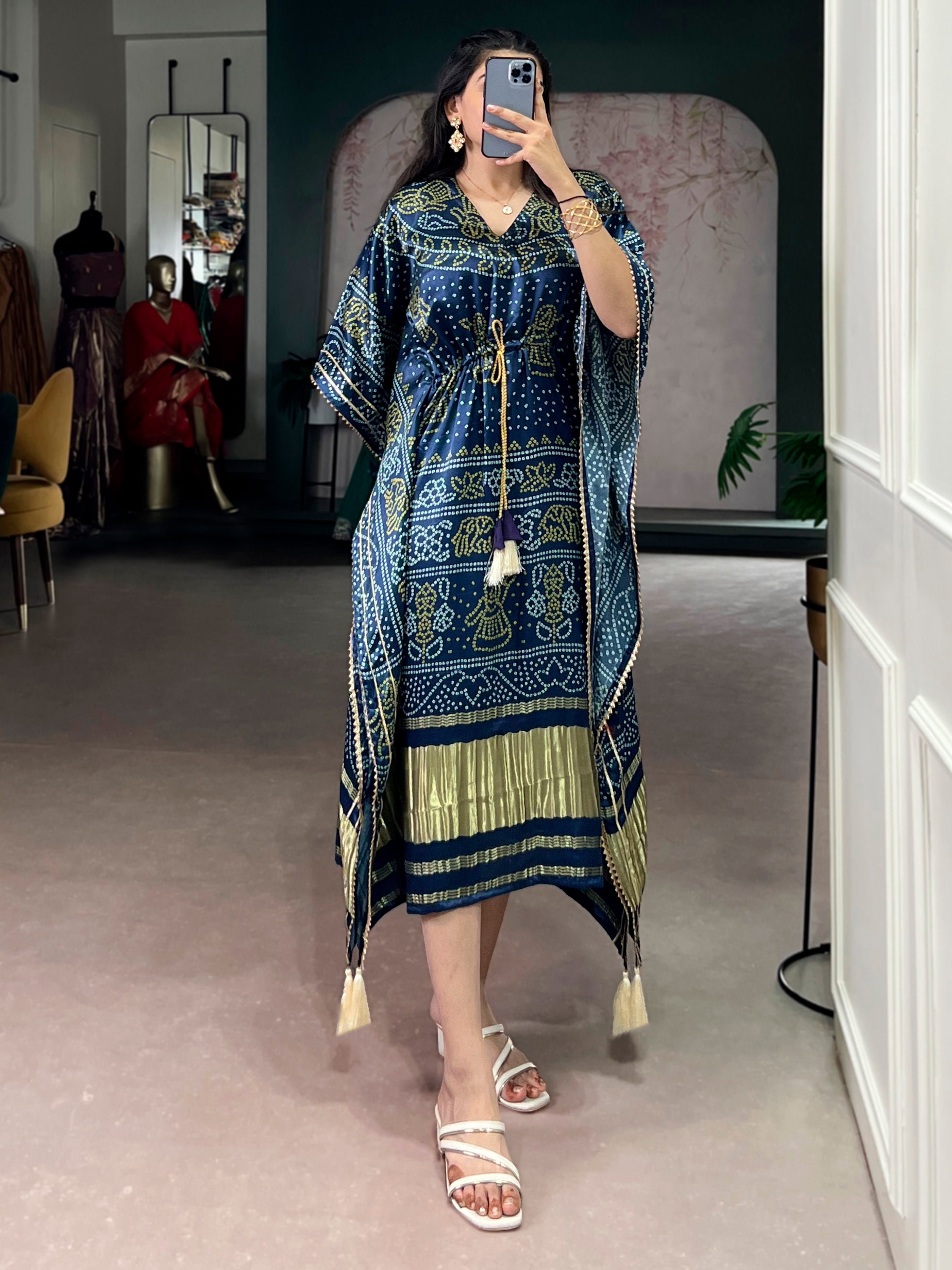 Gorgeous Navy Blue Bandhani Printed Silk Event Wear Kaftan