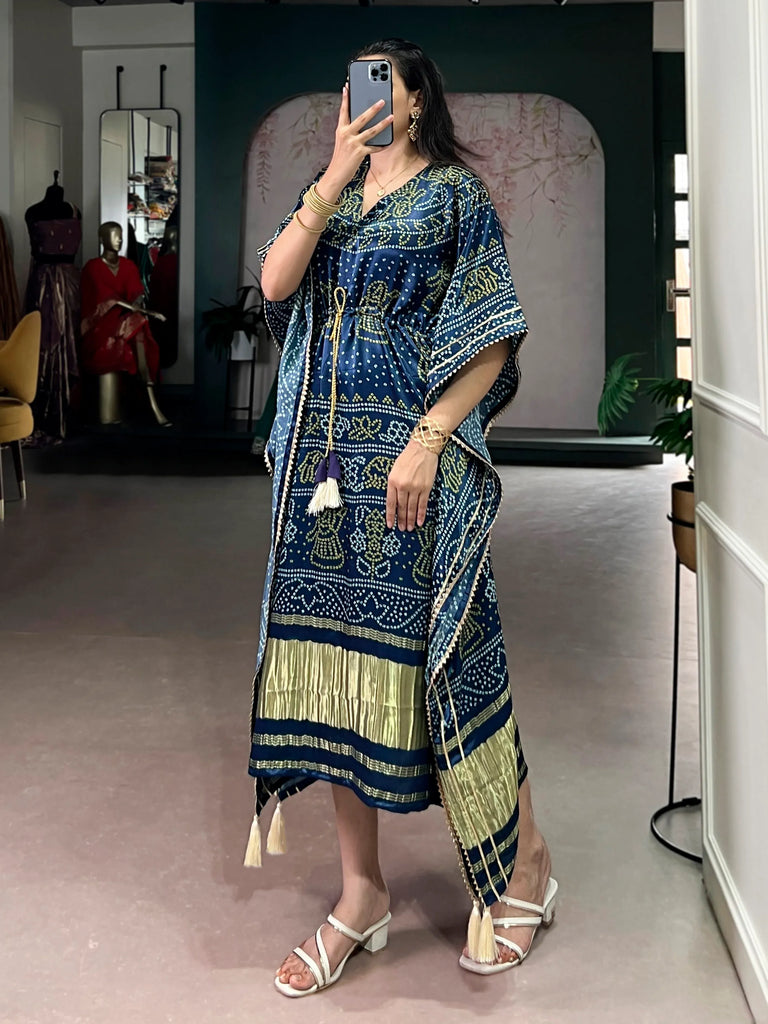 Gorgeous Navy Blue Bandhani Printed Silk Event Wear Kaftan
