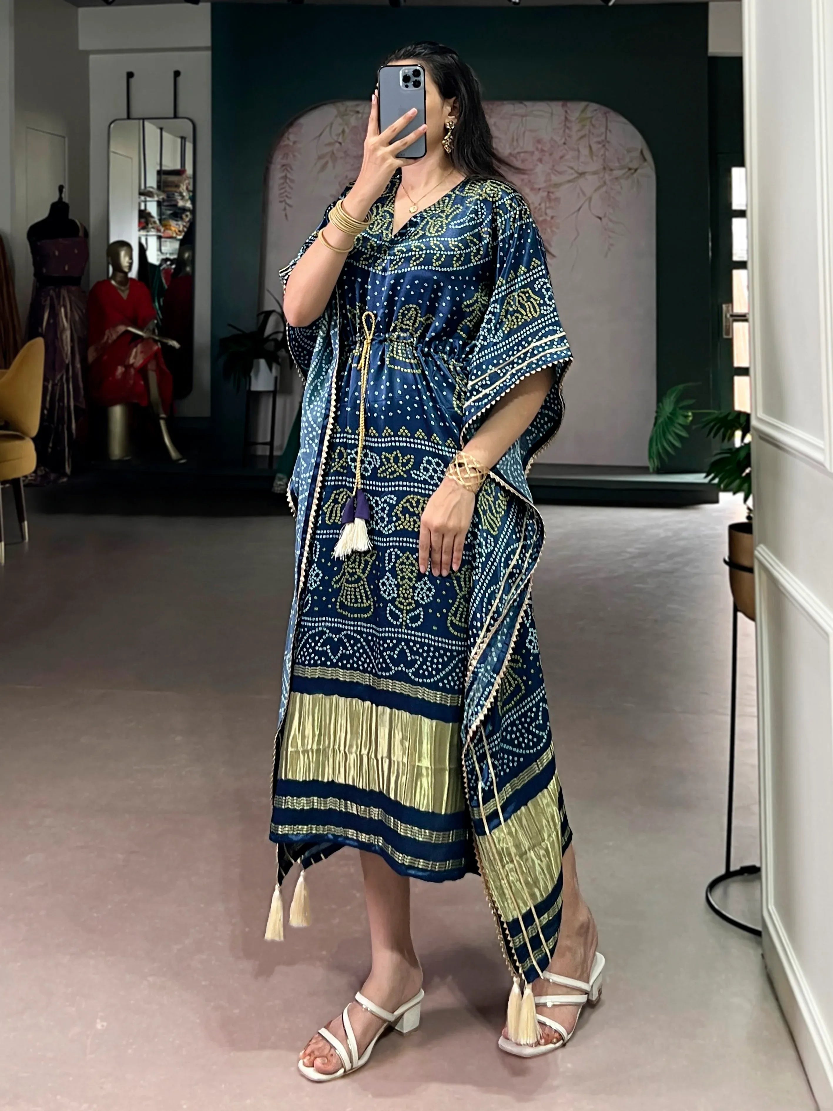 Gorgeous Navy Blue Bandhani Printed Silk Event Wear Kaftan