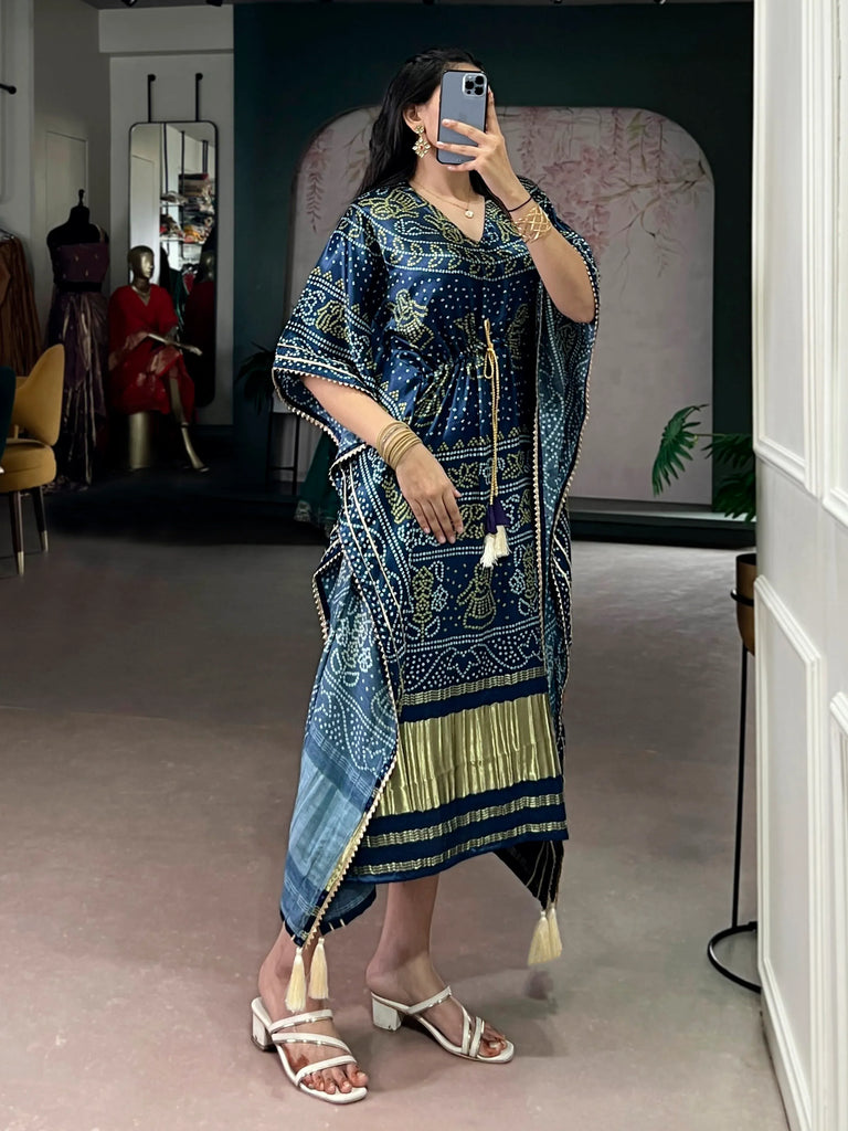 Gorgeous Navy Blue Bandhani Printed Silk Event Wear Kaftan