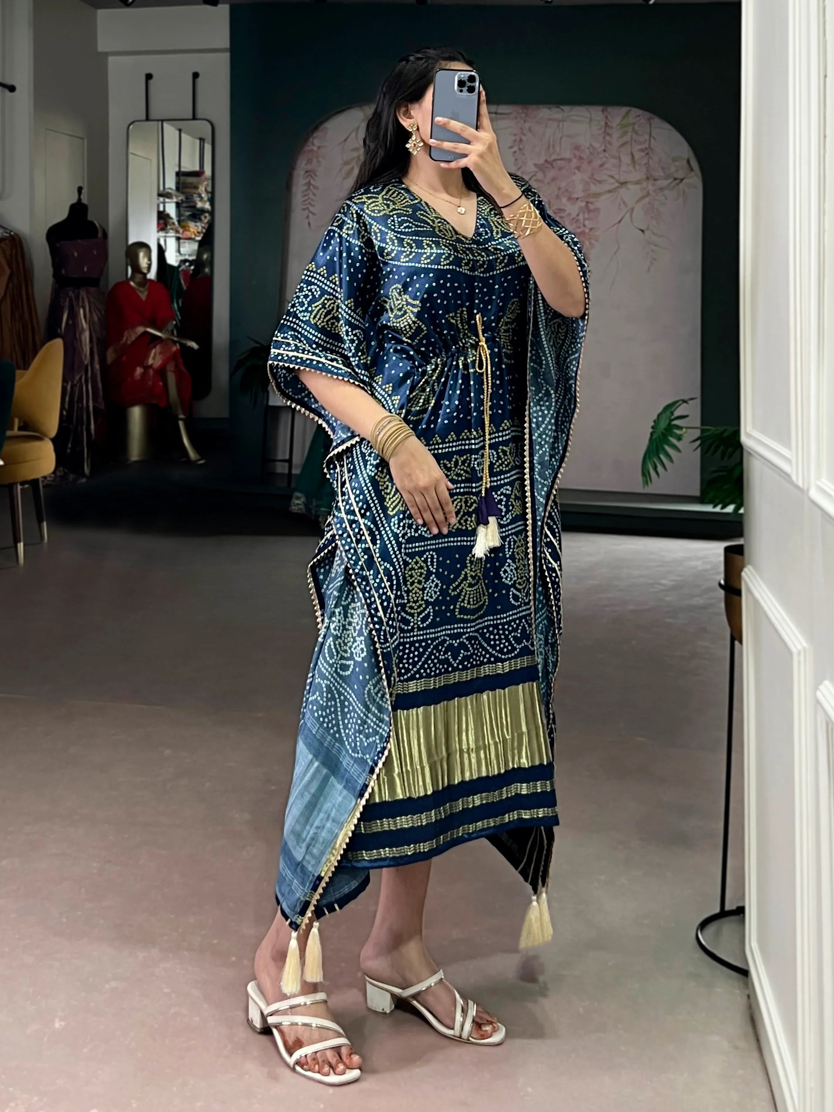 Gorgeous Navy Blue Bandhani Printed Silk Event Wear Kaftan