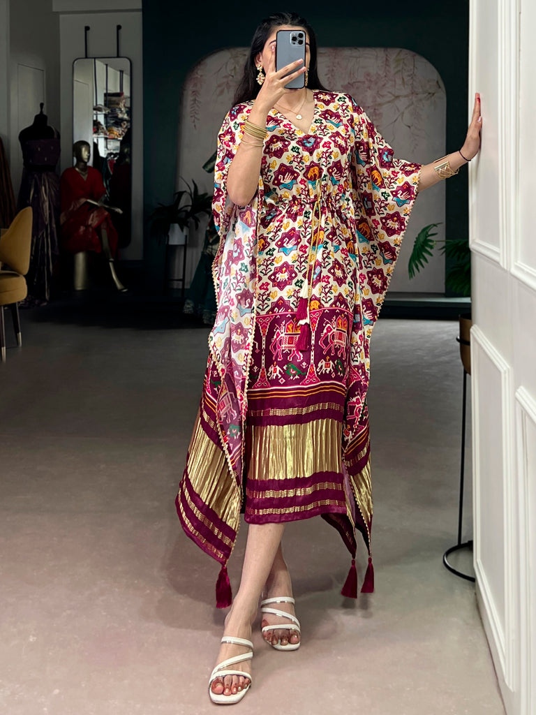 Incredible White Digital Printed Silk Traditional Wear Kaftan
