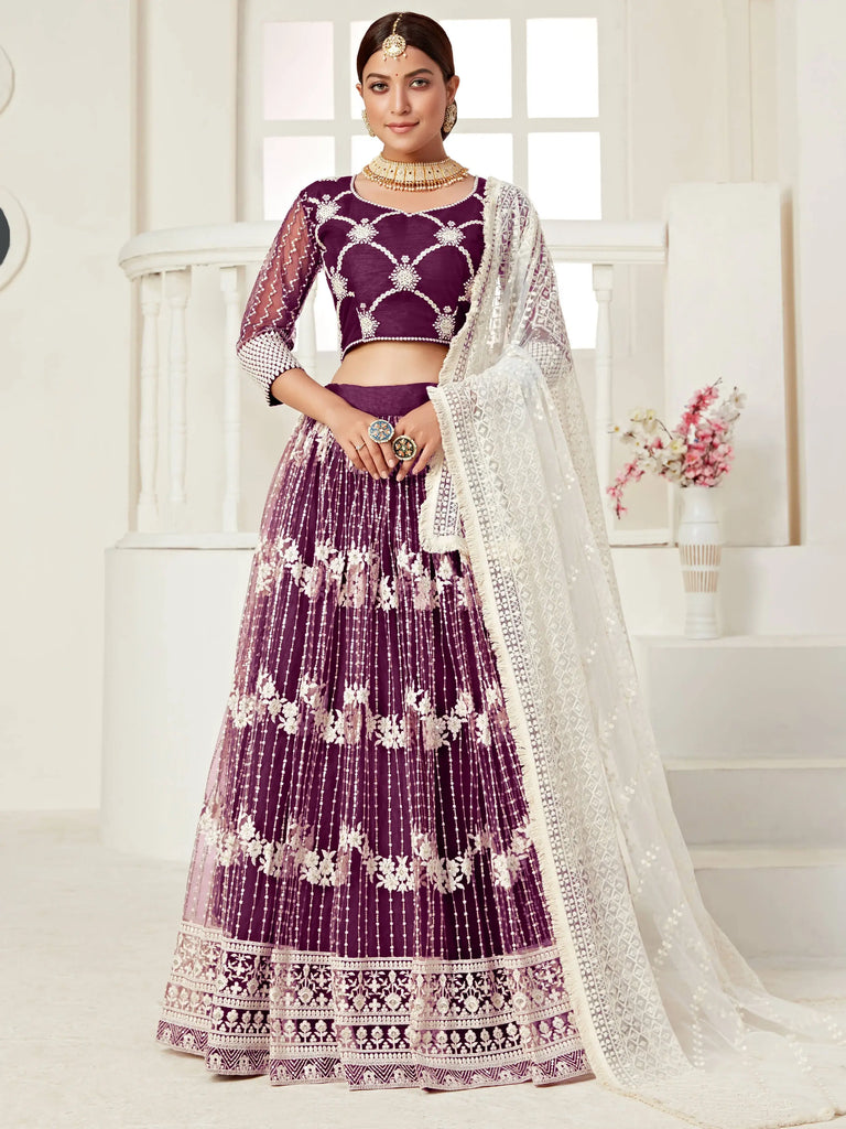 Magnetic Wine Thread Embroidered Net Festival Wear Lehenga Choli