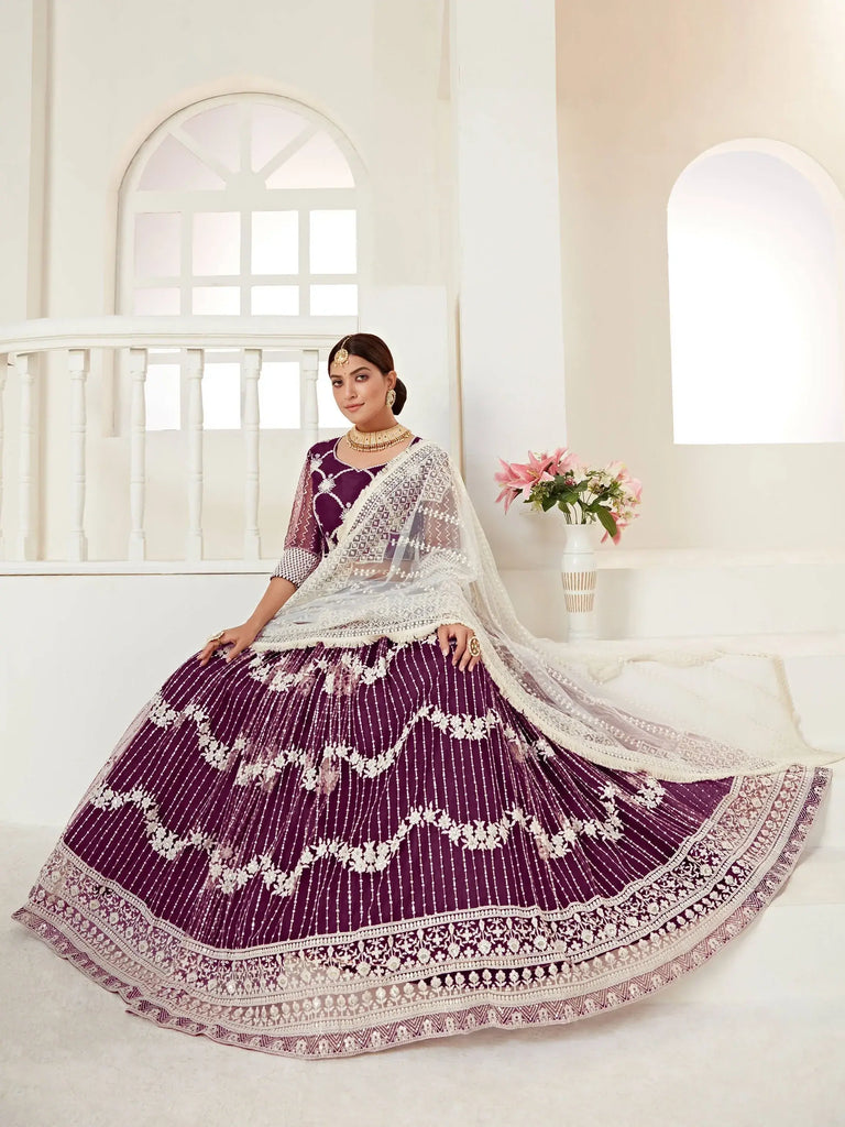 Magnetic Wine Thread Embroidered Net Festival Wear Lehenga Choli