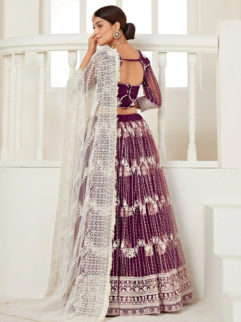 Magnetic Wine Thread Embroidered Net Festival Wear Lehenga Choli