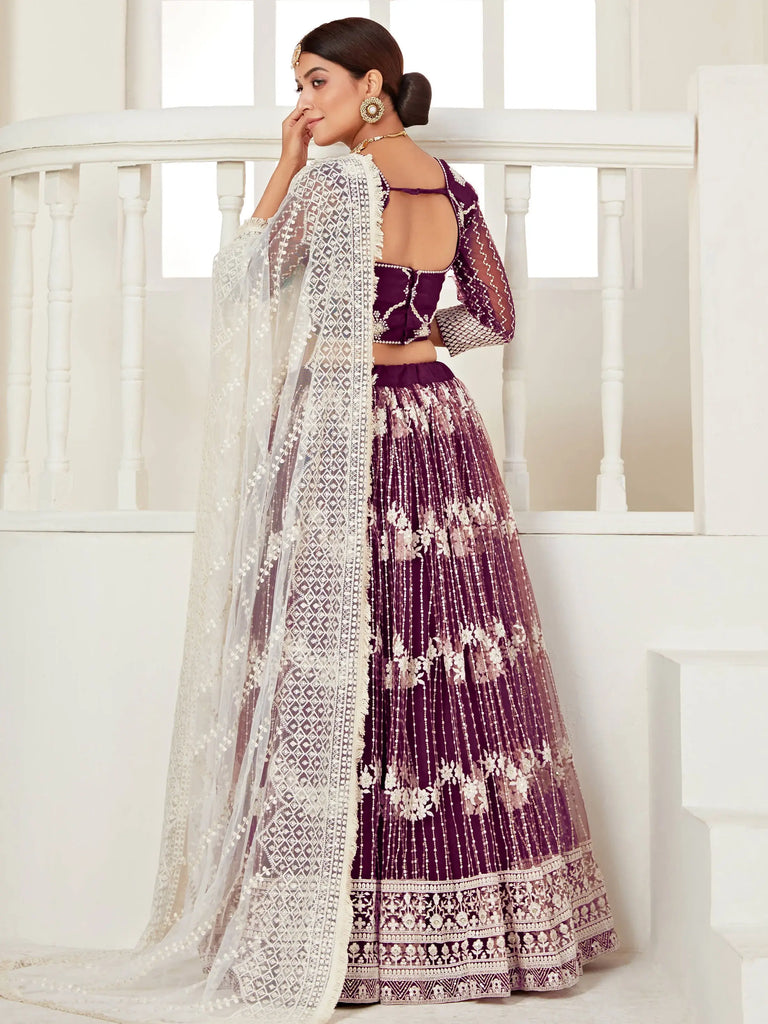 Magnetic Wine Thread Embroidered Net Festival Wear Lehenga Choli