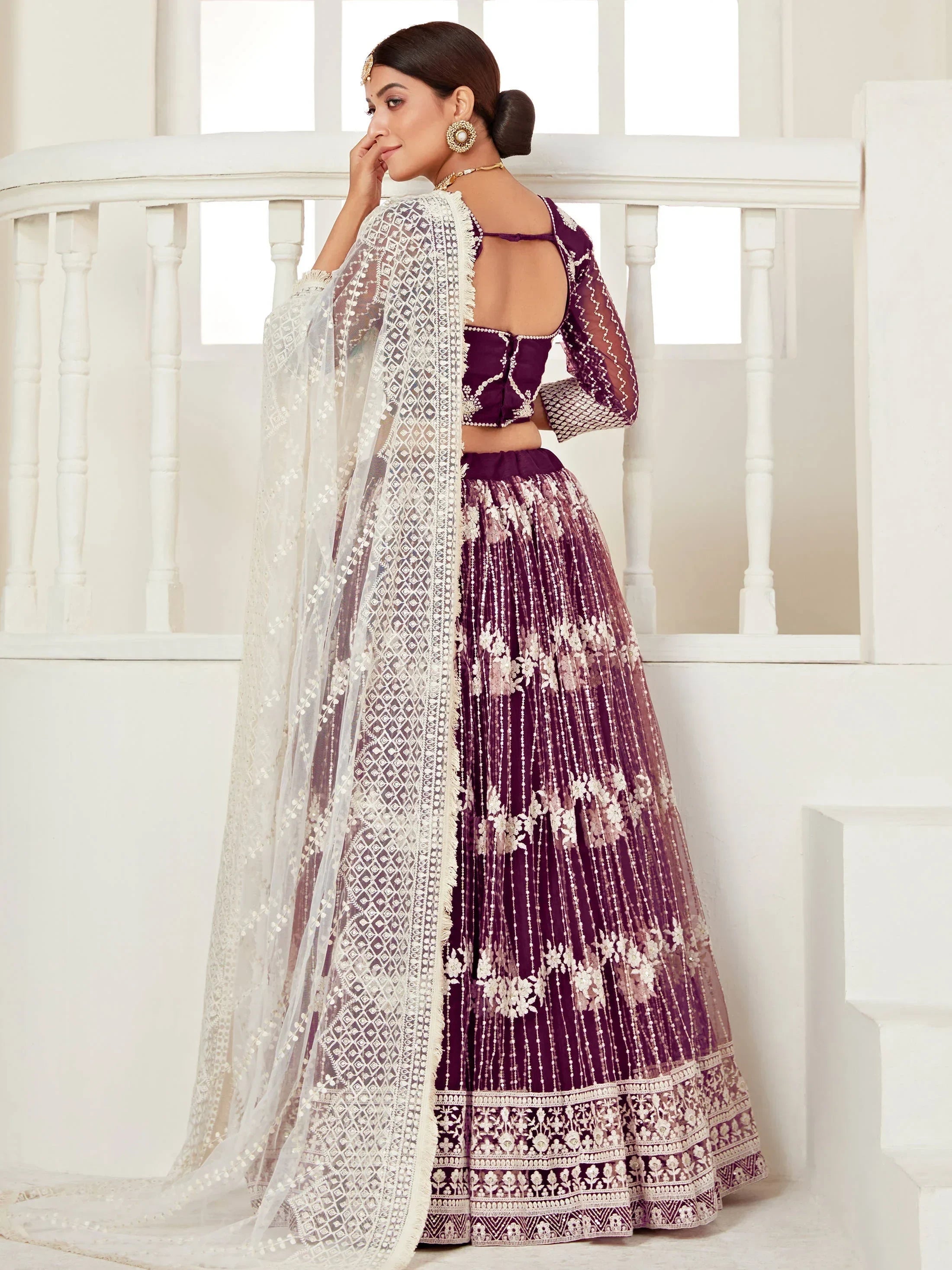 Magnetic Wine Thread Embroidered Net Festival Wear Lehenga Choli