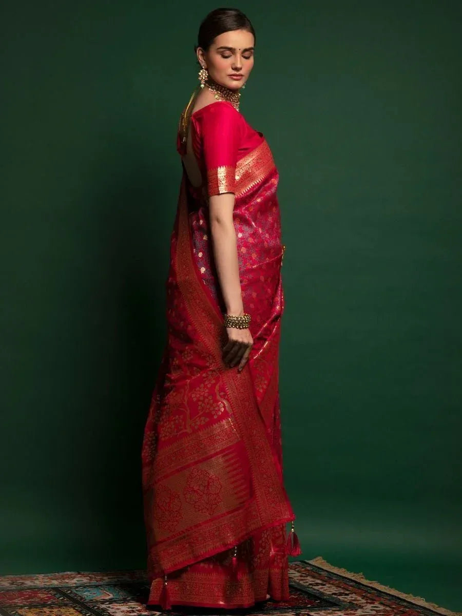 Red designer saree with gold embroidery, perfect for Indian ethnic wear and festive occasions.