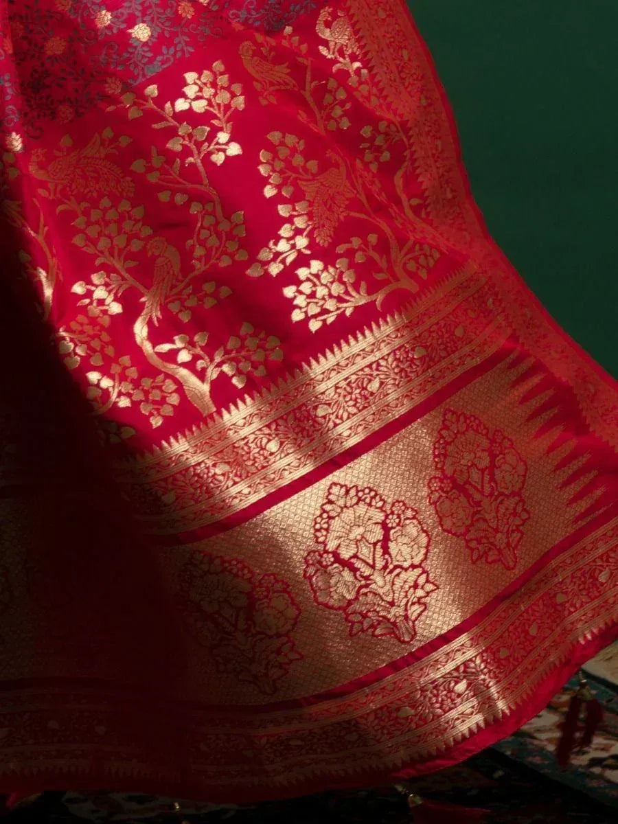 Red Banarasi saree with gold peacock and floral motifs, traditional Indian ethnic wear