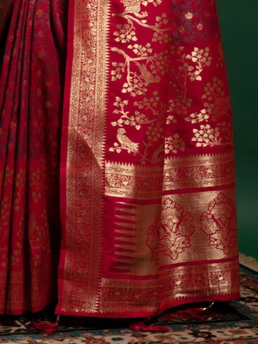 Red designer lehenga with gold bird and floral embroidery, ethnic wear for weddings