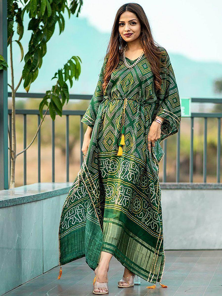 Ravishing Green Bandhej Print Gaji Silk Festival Wear Readymade Kaftan 