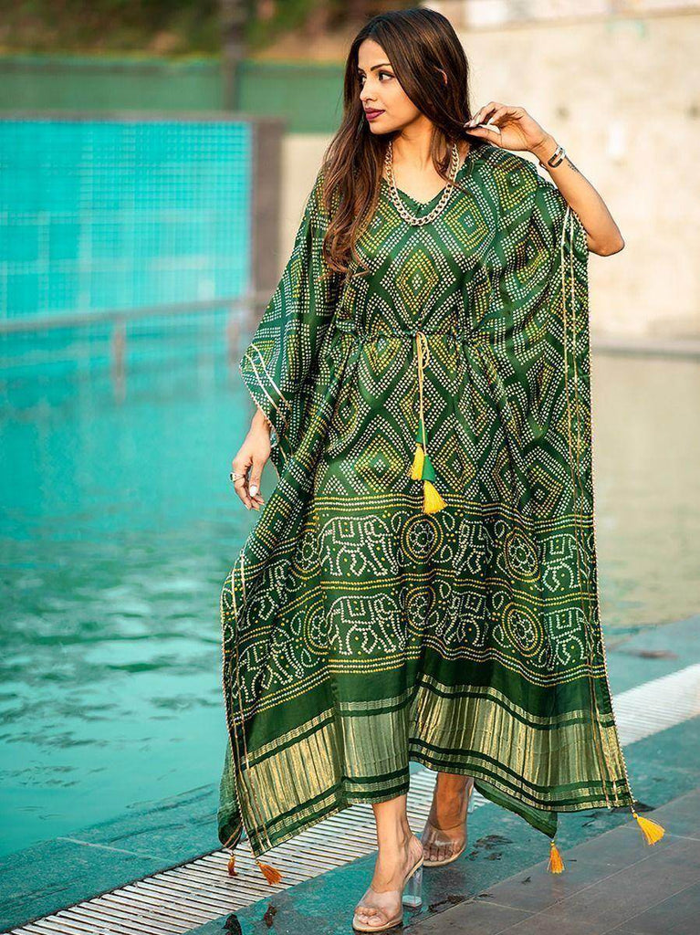 Ravishing Green Bandhej Print Gaji Silk Festival Wear Readymade Kaftan 