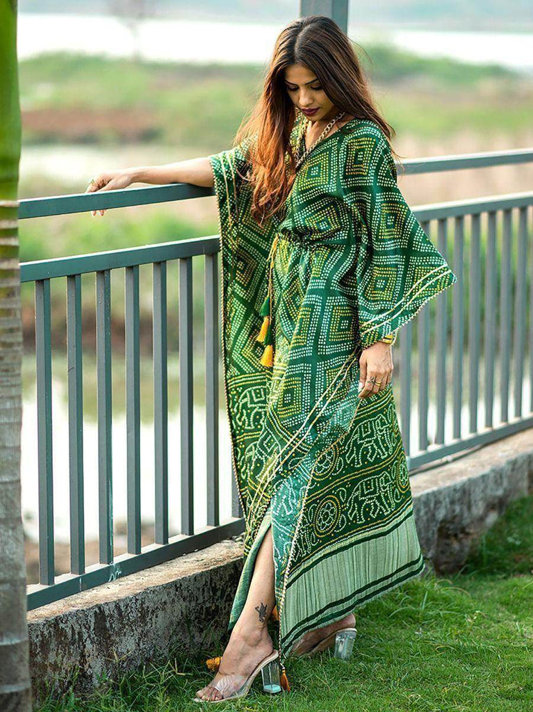Ravishing Green Bandhej Print Gaji Silk Festival Wear Readymade Kaftan 