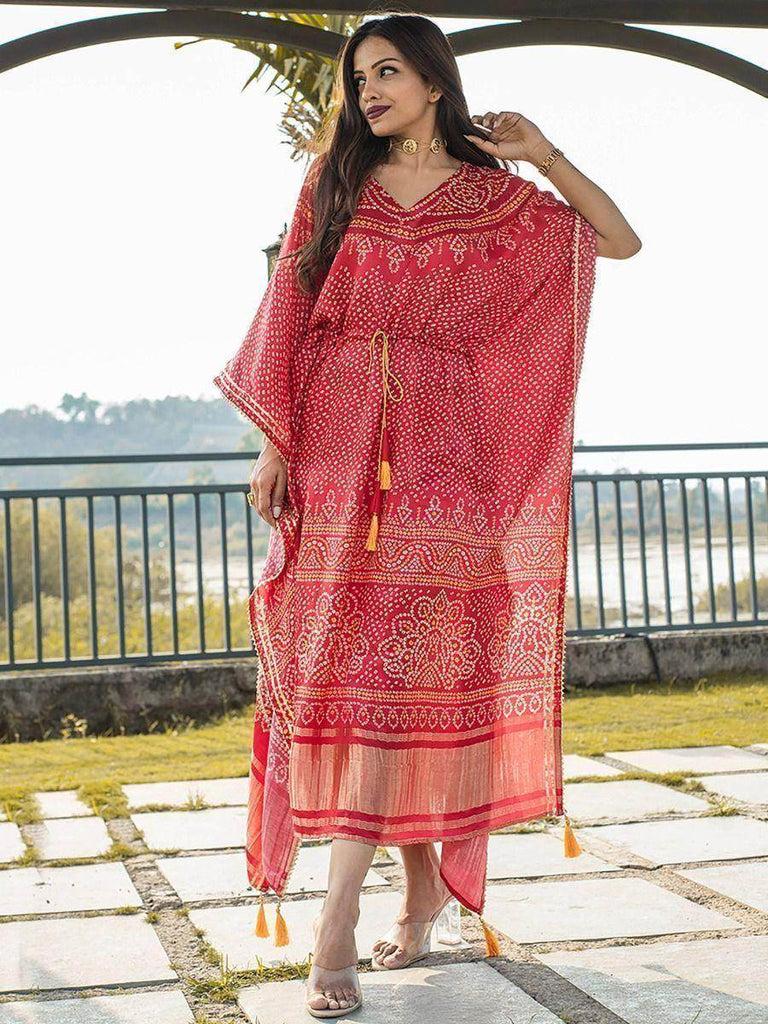 Exquisite Red Bandhej Print Gaji Silk Festival Wear Readymade Kaftan