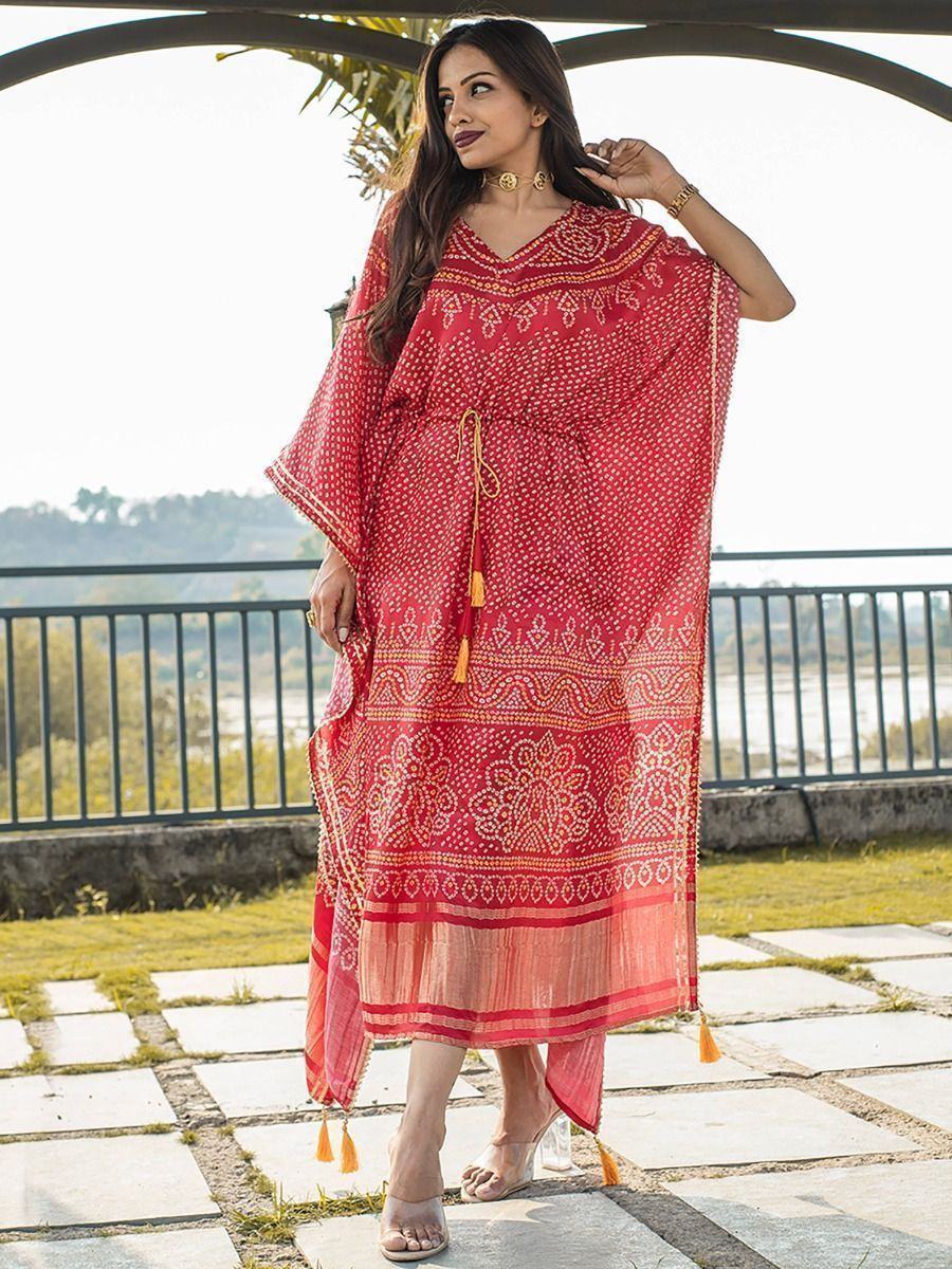 Exquisite Red Bandhej Print Gaji Silk Festival Wear Readymade Kaftan
