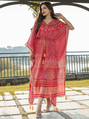 Exquisite Red Bandhej Print Gaji Silk Festival Wear Readymade Kaftan