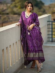 Aesthetic Wine Bandhej Print Gaji Silk Festival Wear Readymade Kaftan