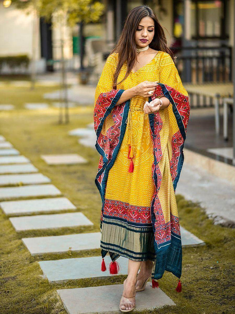 Desirable Yellow Bandhej Print Gaji Silk Festival Wear Readymade Kaftan