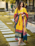 Desirable Yellow Bandhej Print Gaji Silk Festival Wear Readymade Kaftan