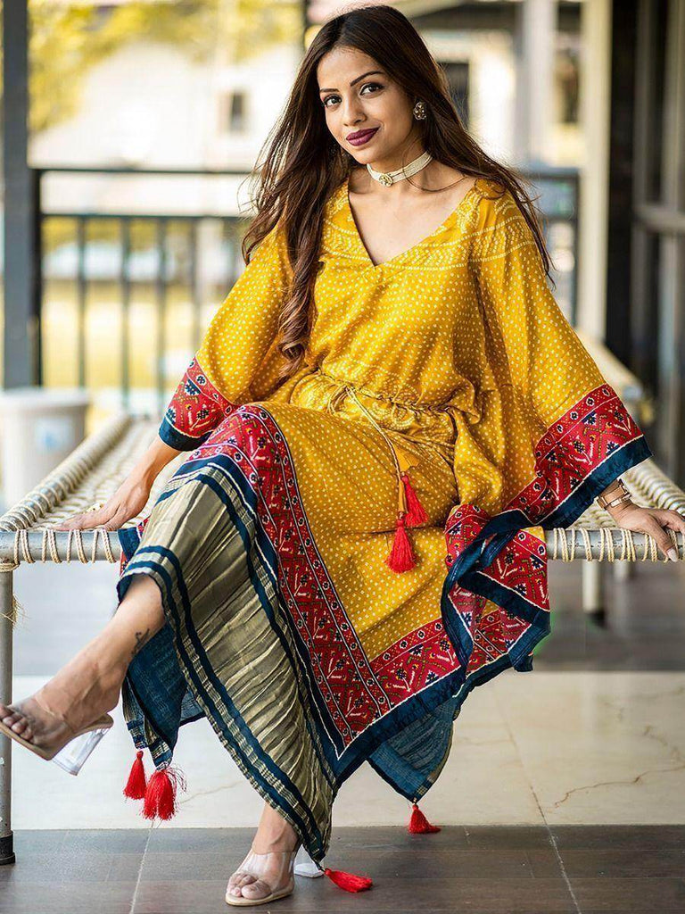 Desirable Yellow Bandhej Print Gaji Silk Festival Wear Readymade Kaftan