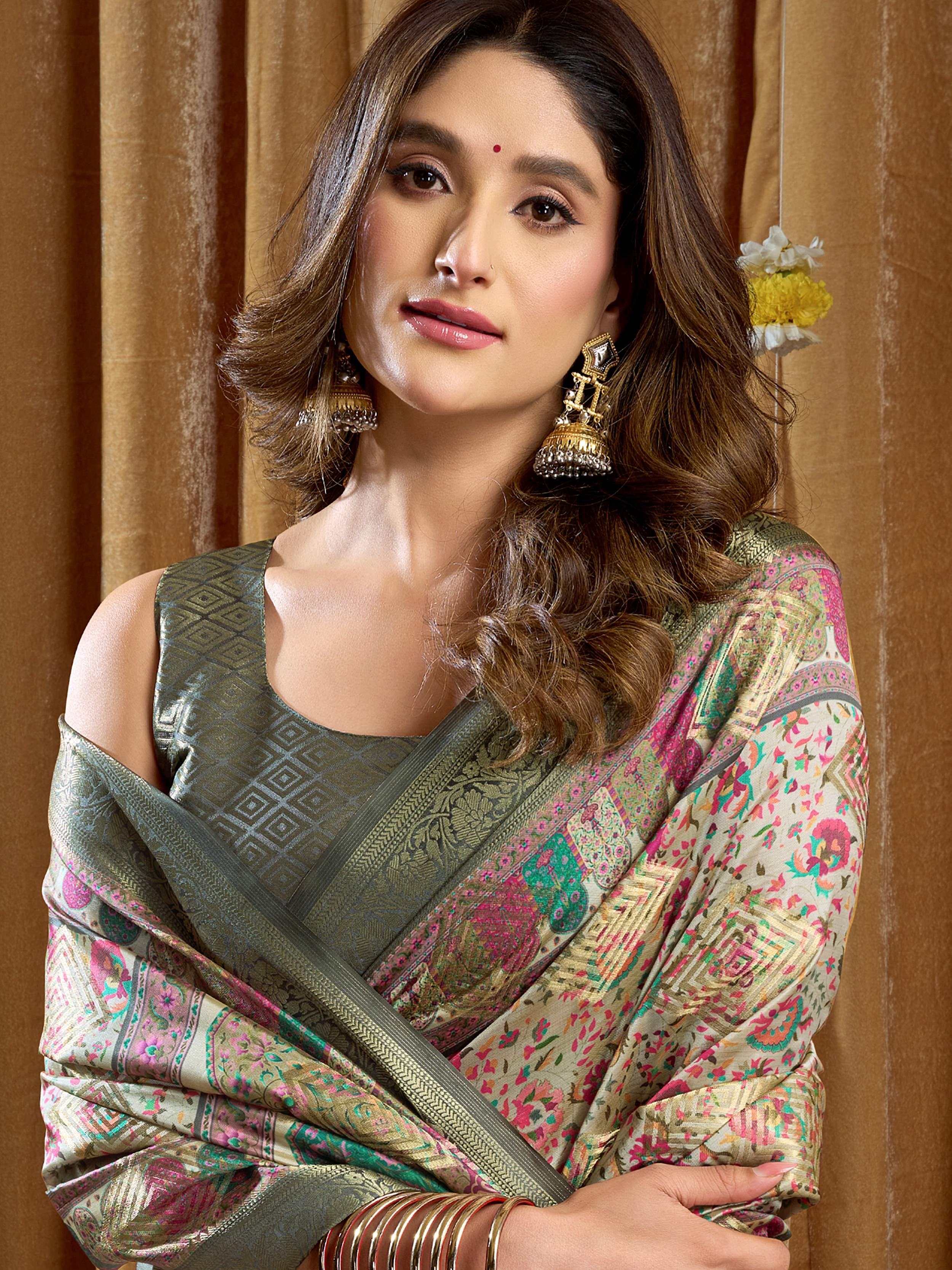 Outstanding Green Digital Printed Silk Festival Wear Saree With Blouse 