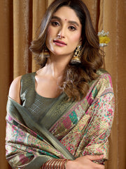 Outstanding Green Digital Printed Silk Festival Wear Saree With Blouse 