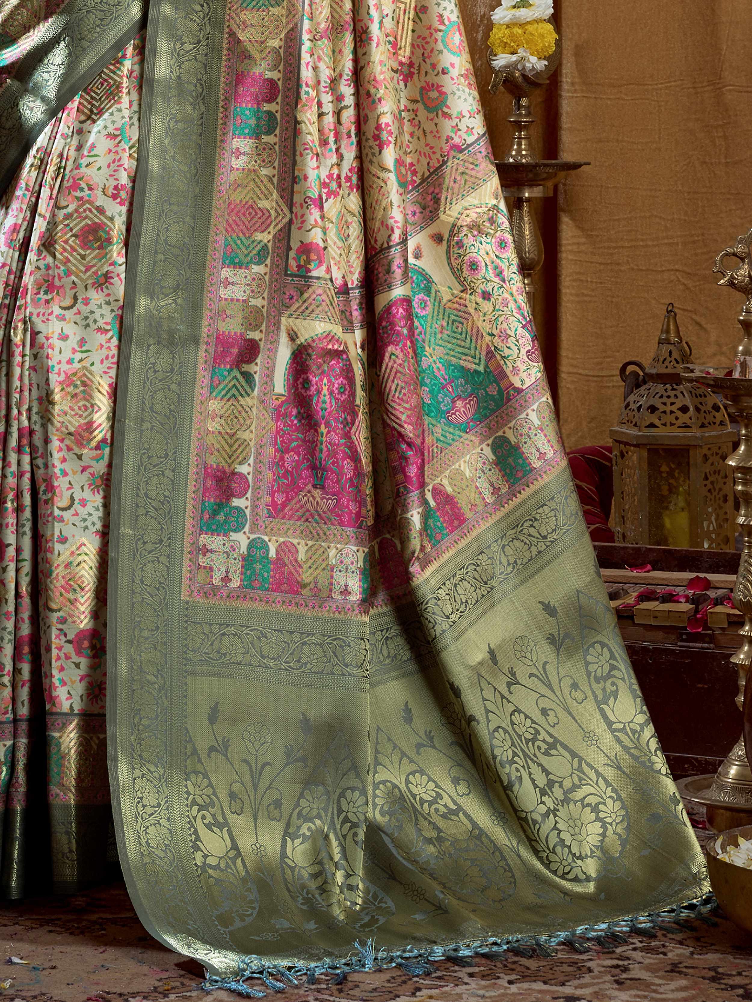 Outstanding Green Digital Printed Silk Festival Wear Saree With Blouse 