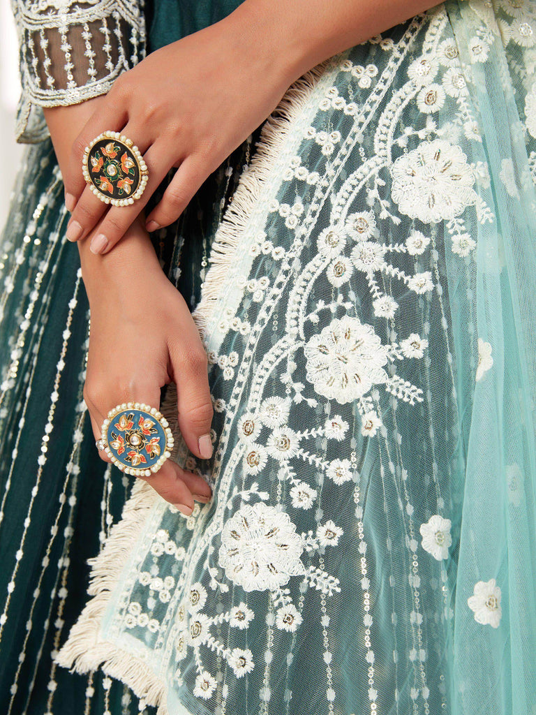 Captivating Green Thread Embroidered Net Festival Wear Lehenga Choli