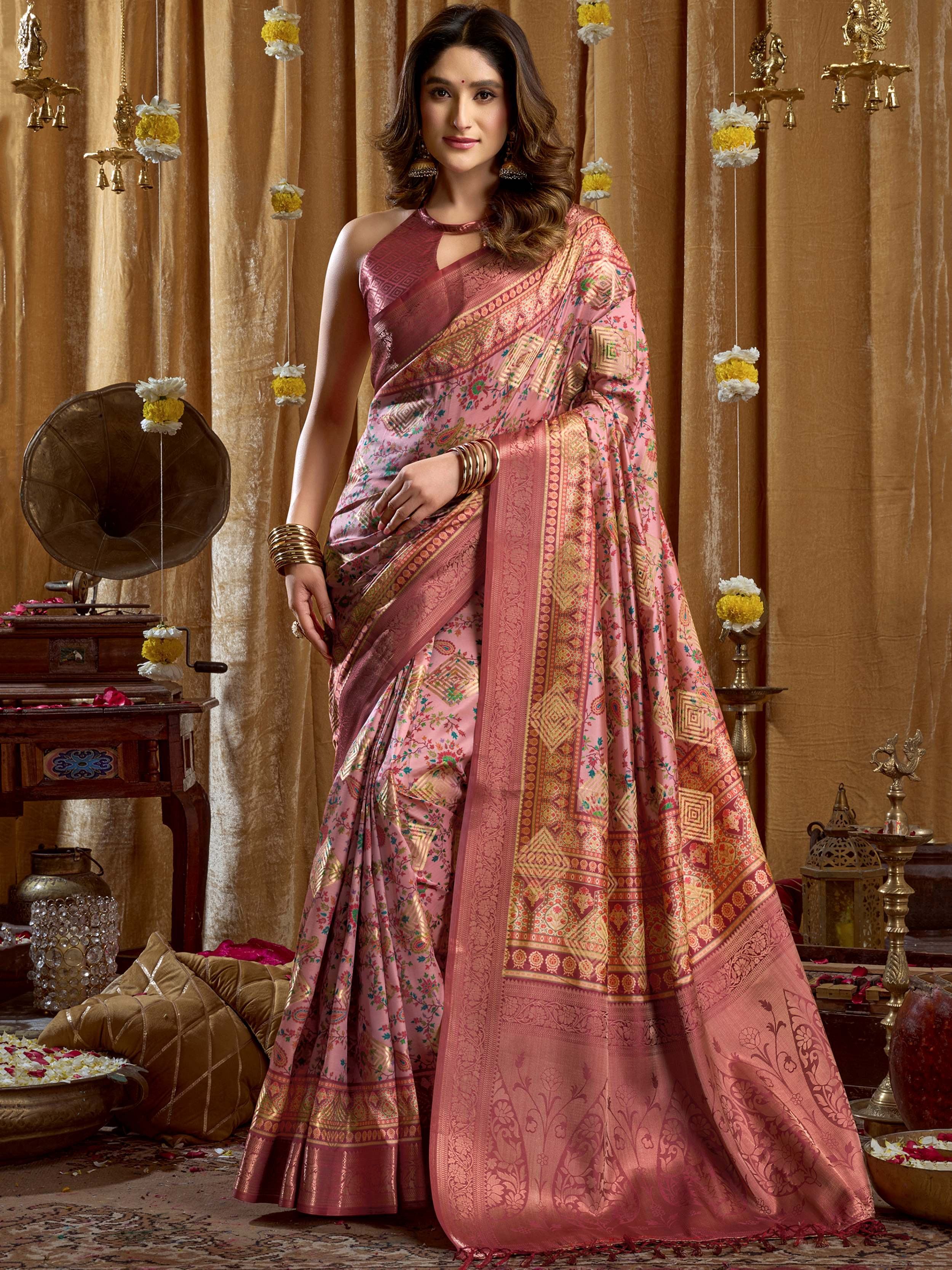 Enchanting Pink Digital Printed Silk Function Wear Saree With Blouse 