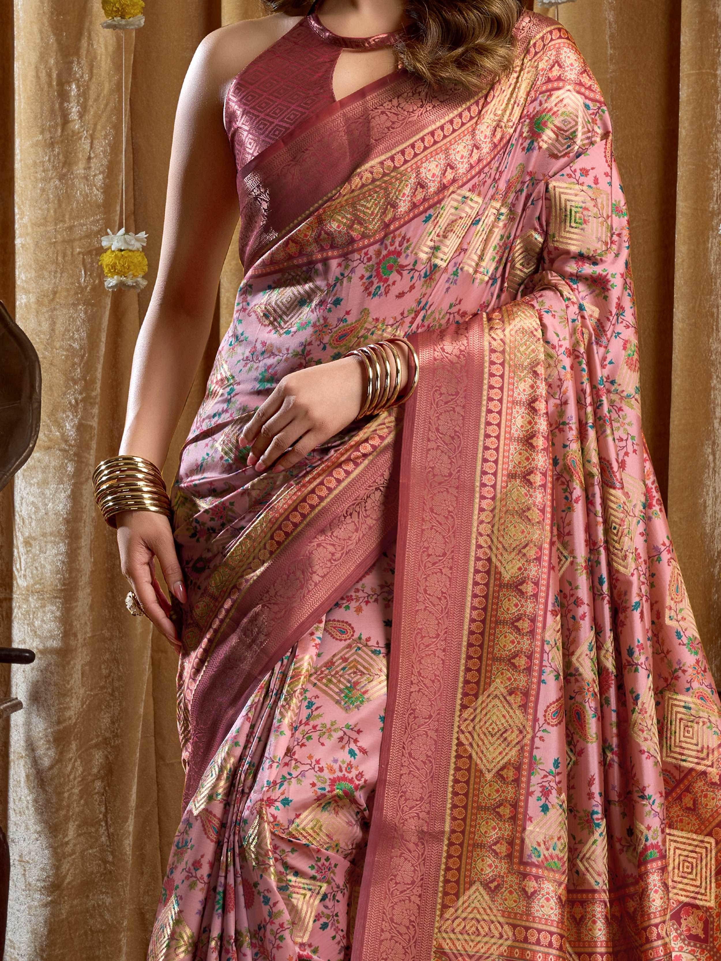 Enchanting Pink Digital Printed Silk Function Wear Saree With Blouse 