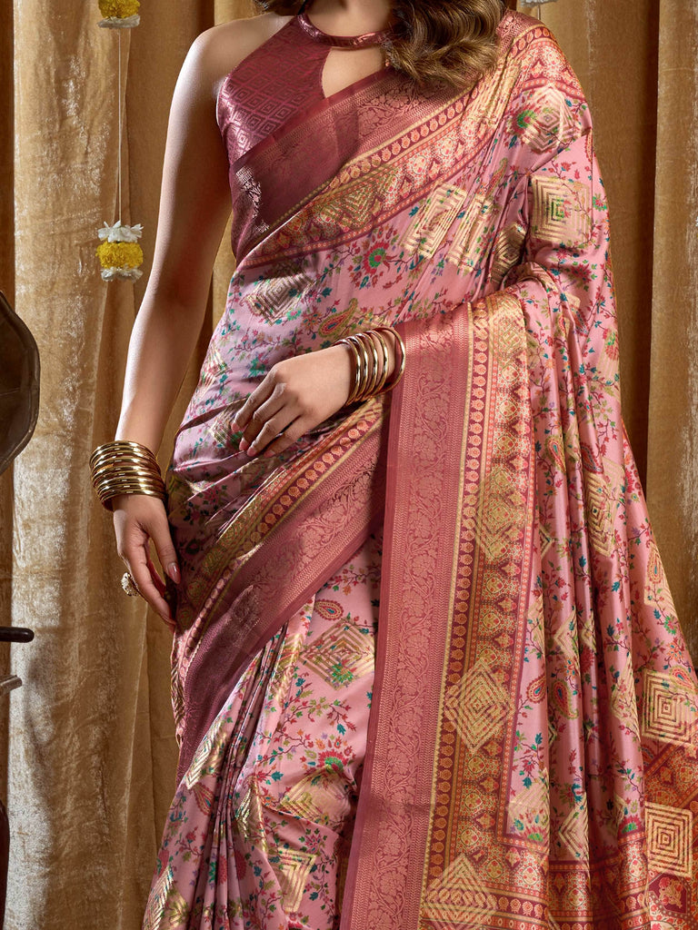 Enchanting Pink Digital Printed Silk Function Wear Saree With Blouse 