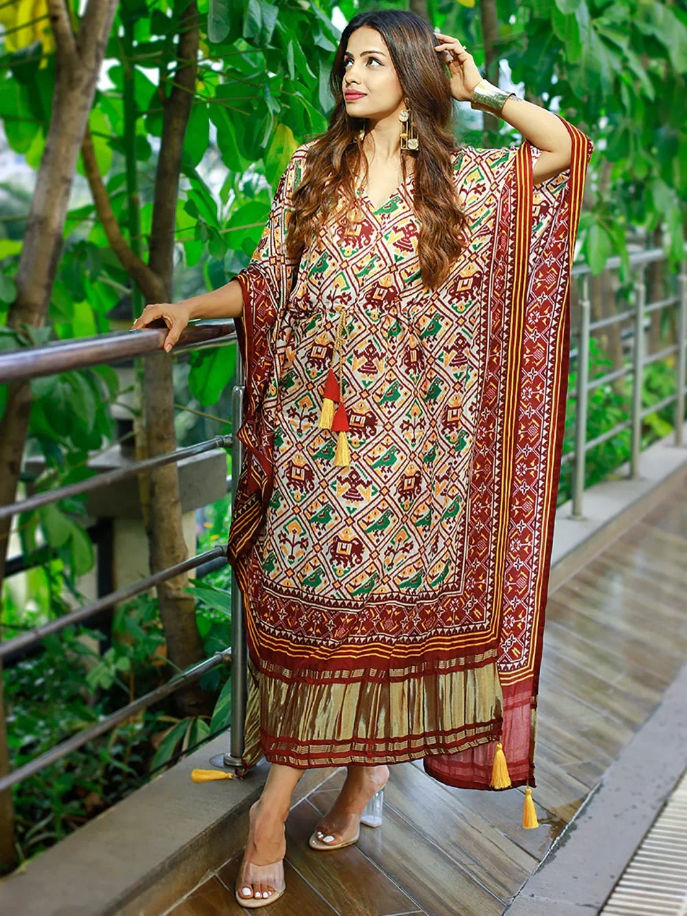 statuesque Maroon Patola Printed Gaji Silk Festival Wear Readymade Kaftan