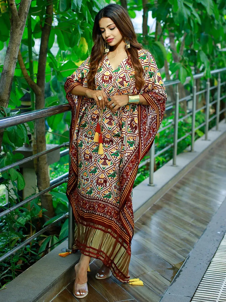statuesque Maroon Patola Printed Gaji Silk Festival Wear Readymade Kaftan
