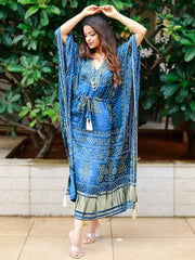Glorious Blue Bandhej Print Gaji Silk Festival Wear Readymade Kaftan